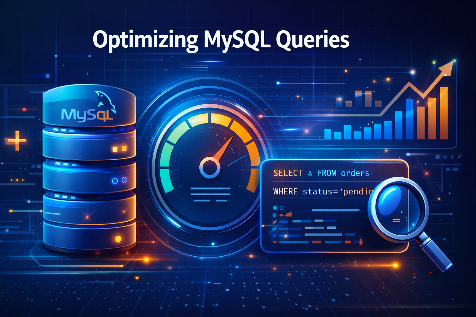 Futuristic illustration showing MySQL database optimization with performance gauge, SQL query analysis, and speed improvement charts