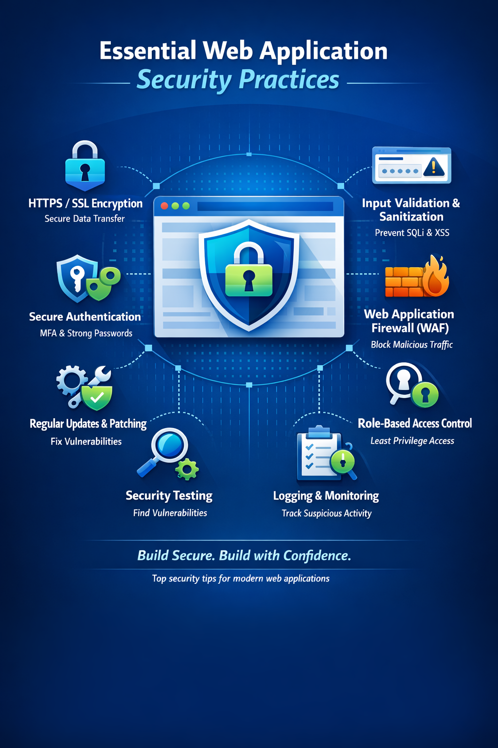 Web application security practices showing protection against SQL injection, XSS attacks, CSRF vulnerabilities, and secure authentication methods